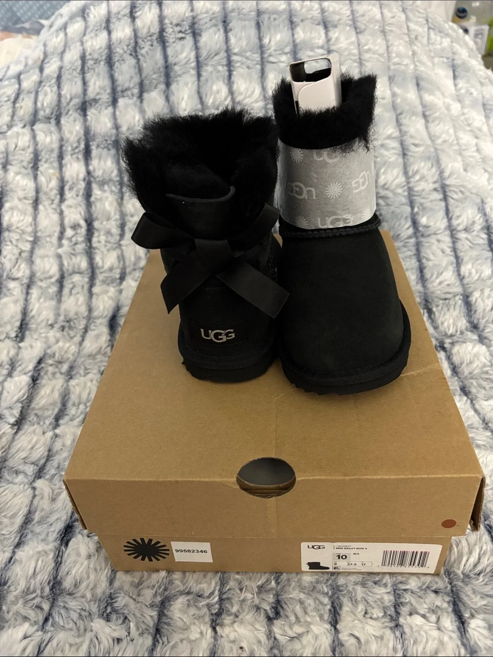 UGG Kids Black Mini Bow Boot with Fur Trim